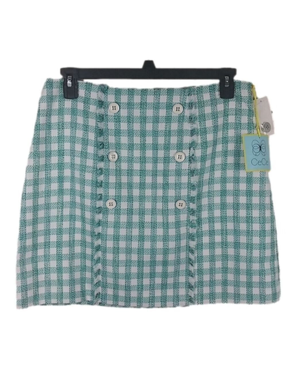 Cece Soft Ecru Green Teal Tweed Gingham Fringed Detail Side Zipper Mini Skirt